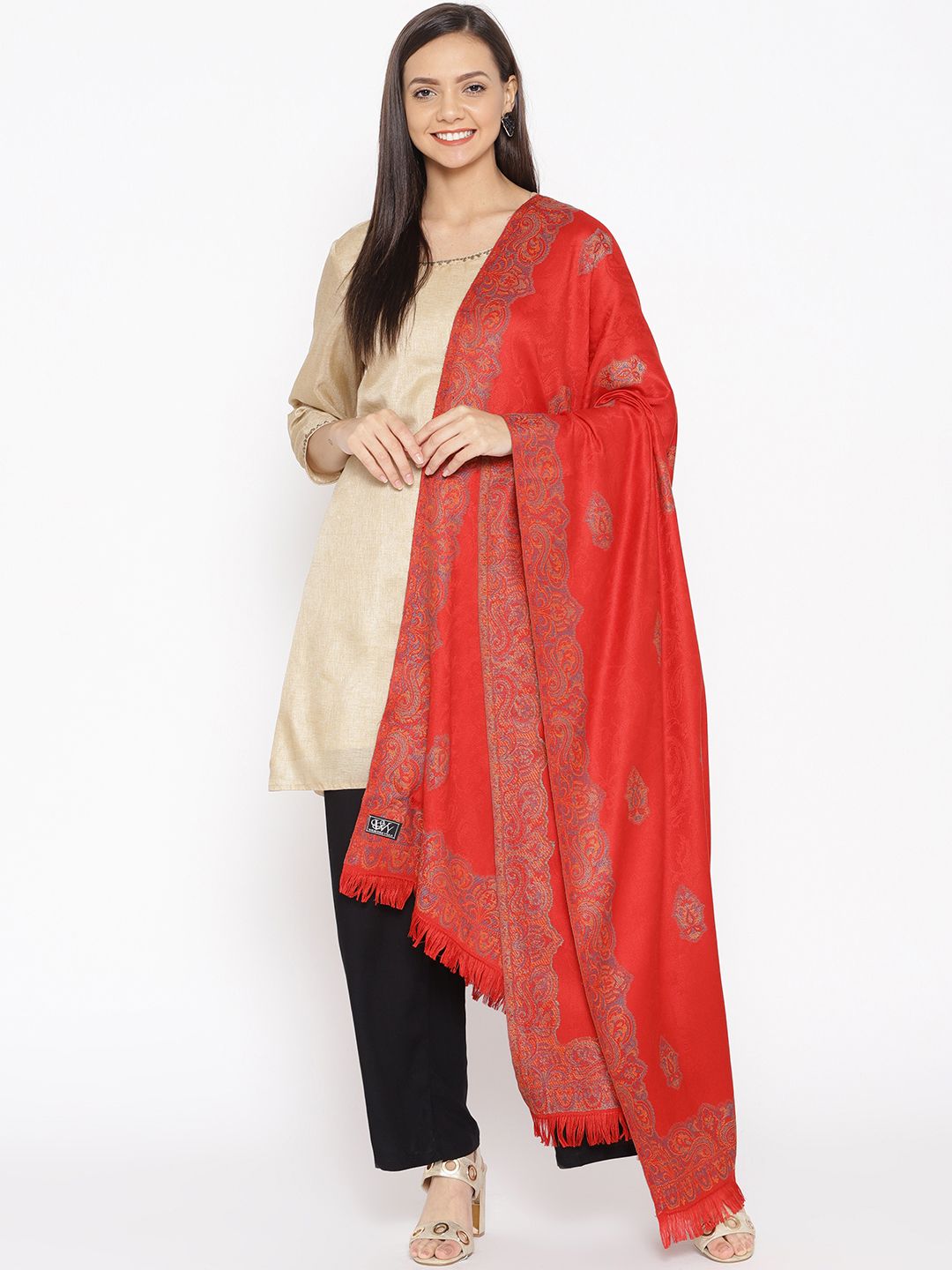 WEAVERS VILLA Women Red Woven Design Shawl Price in India