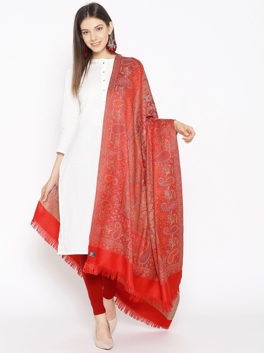 WEAVERS VILLA Women Red & Beige Woven Design Shawl Price in India