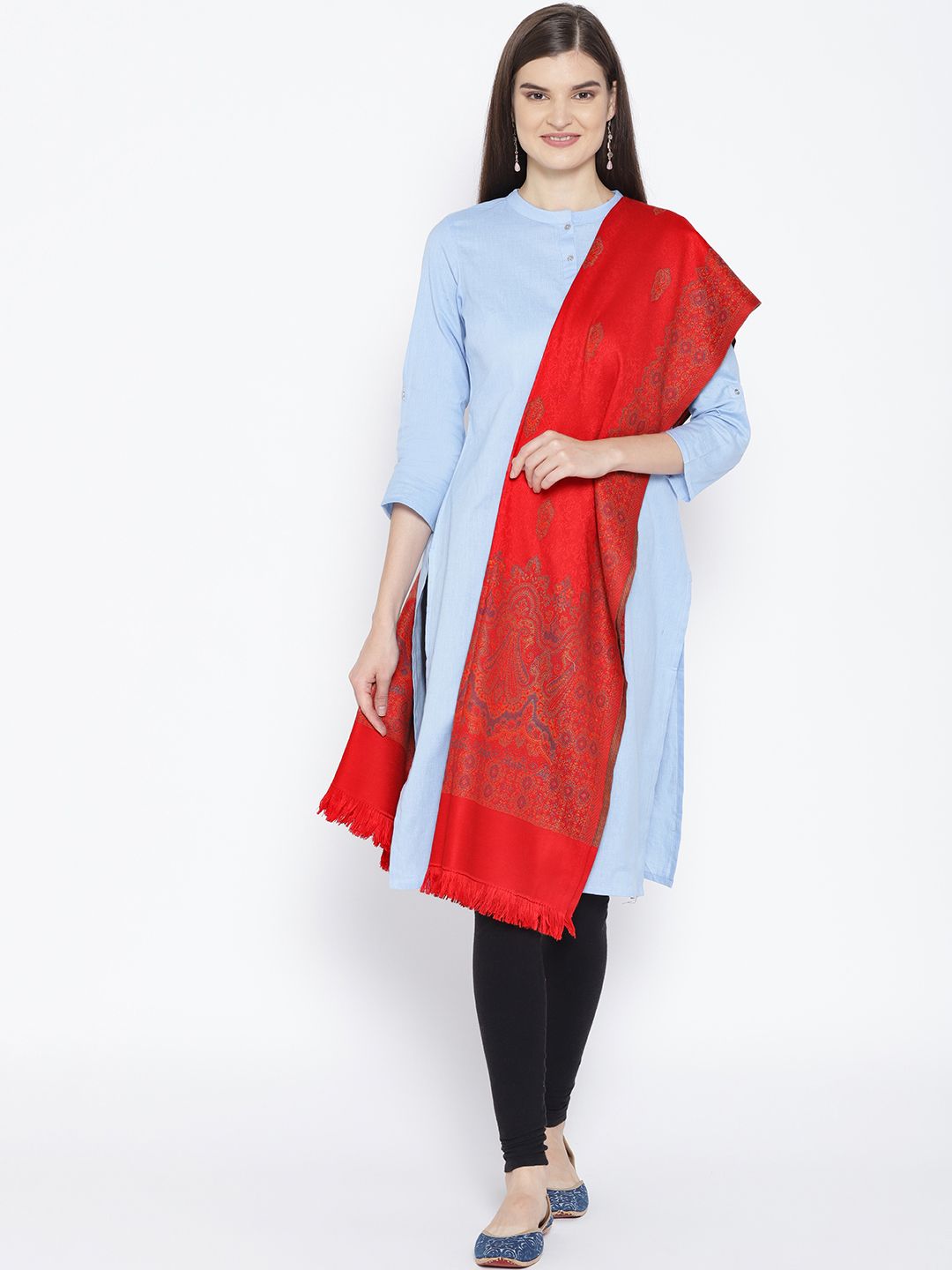 WEAVERS VILLA Women Red & Purple Woven Design Shawl Price in India