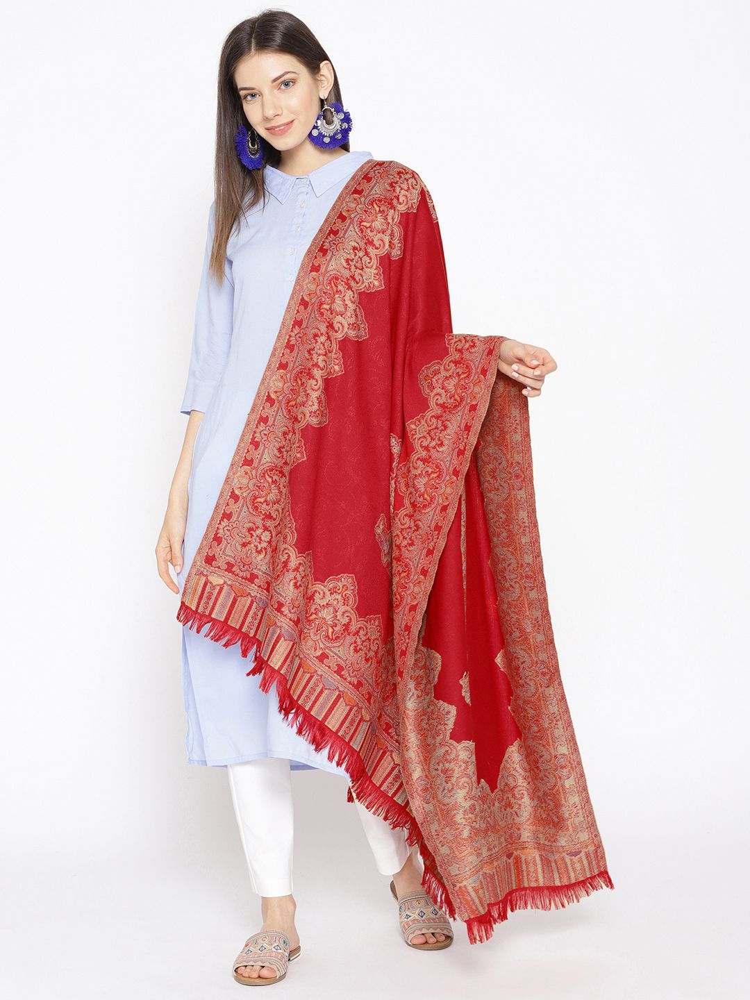 WEAVERS VILLA Women Maroon & Beige Woven Design Shawl Price in India
