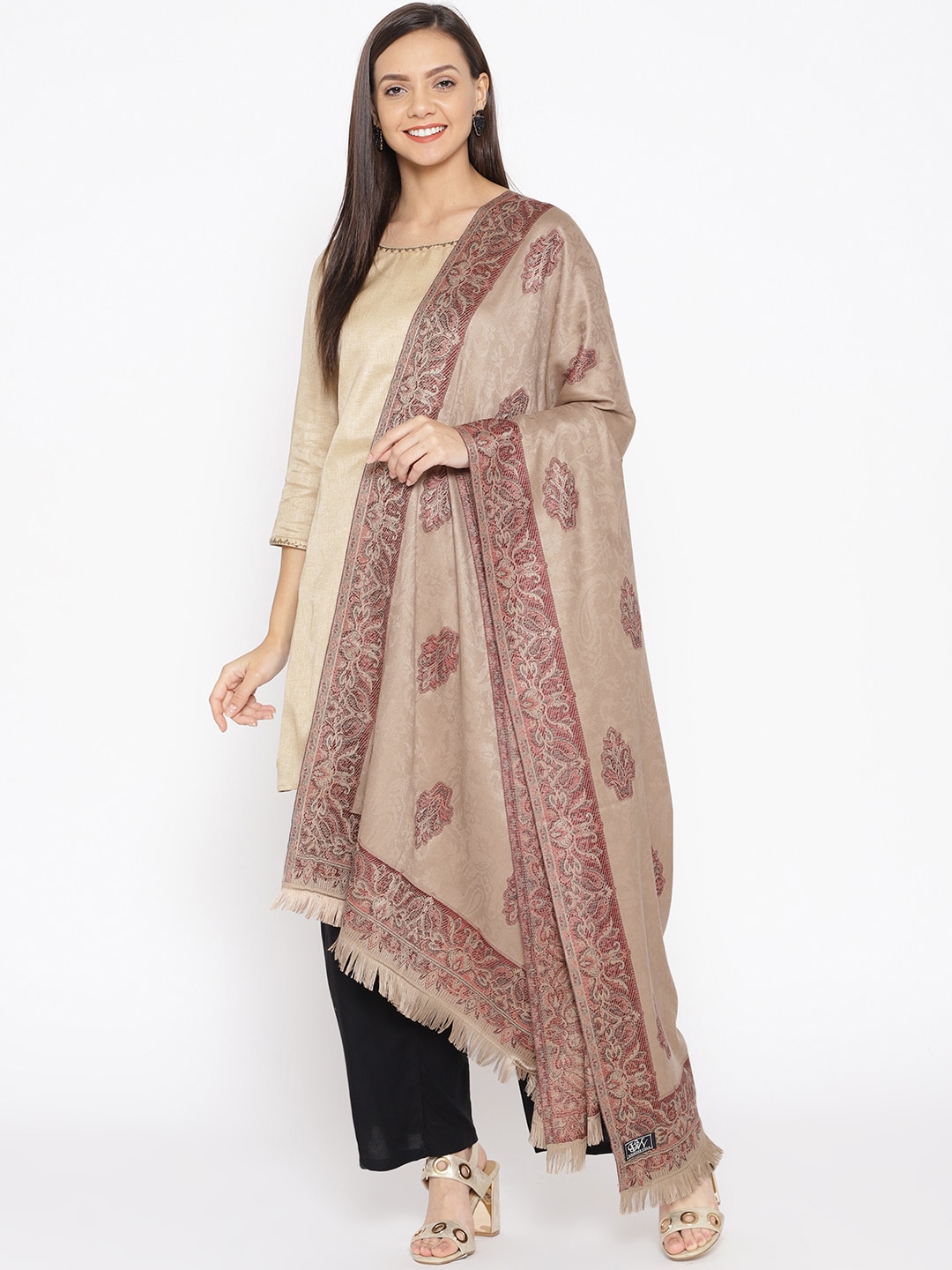 WEAVERS VILLA Women Beige & Maroon Woven Design Shawl Price in India