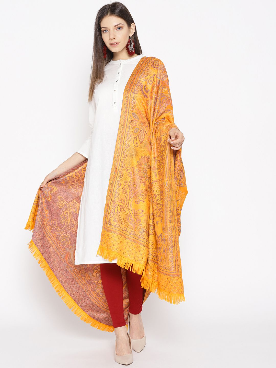 WEAVERS VILLA Women Mustard Yellow & Purple Woven Design Shawl Price in India