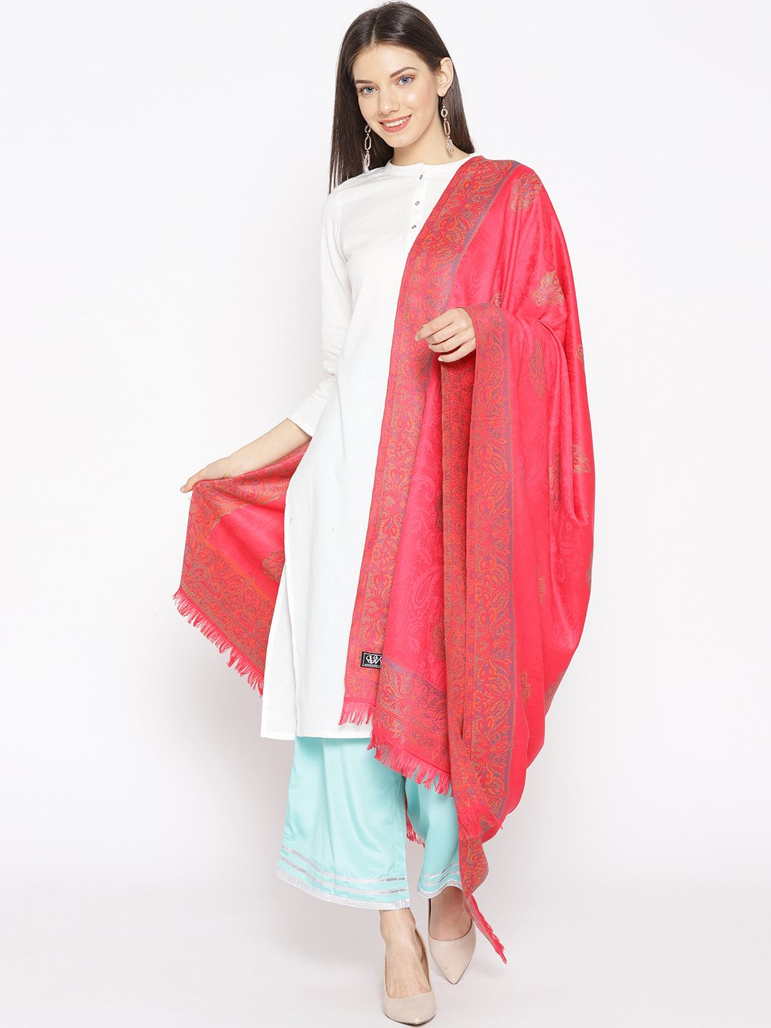 WEAVERS VILLA Women Coral Pink & Blue Woven Design Shawl Price in India
