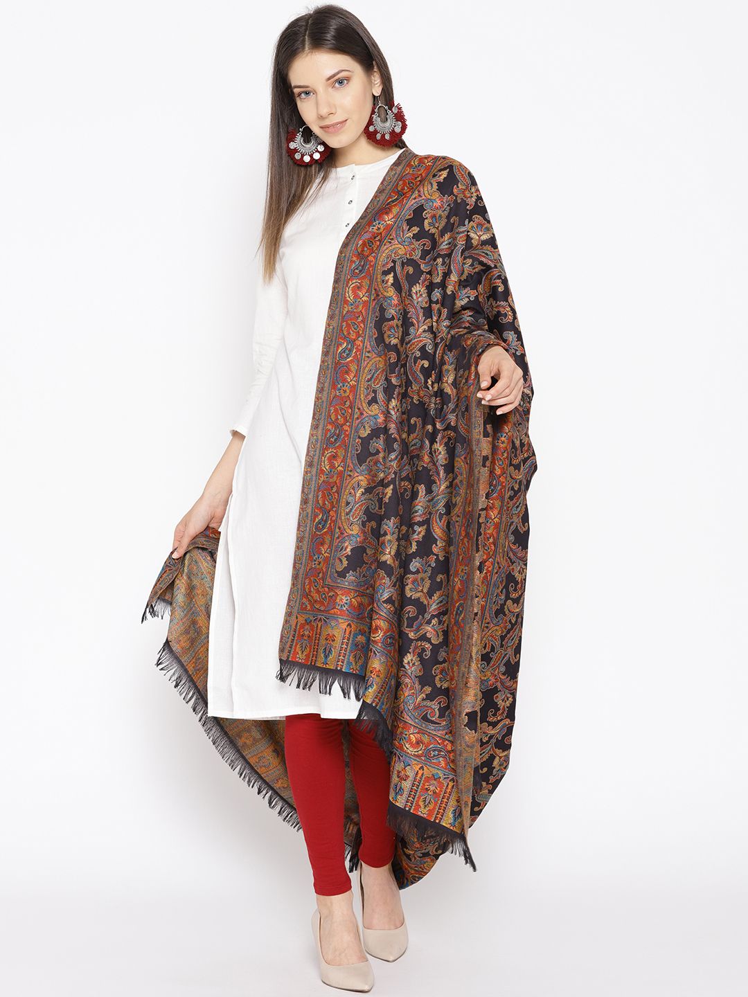 WEAVERS VILLA Women Black & Beige Woven Design Shawl Price in India