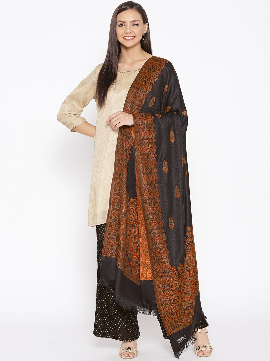 WEAVERS VILLA Women Black & Mustard Brown Woven Design Shawl Price in India