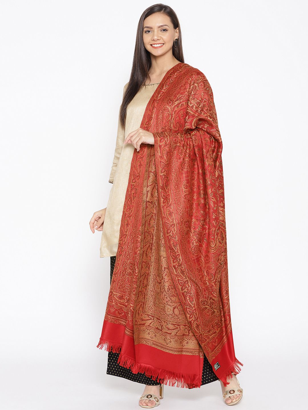 WEAVERS VILLA Women Red Woven Design Shawl Price in India