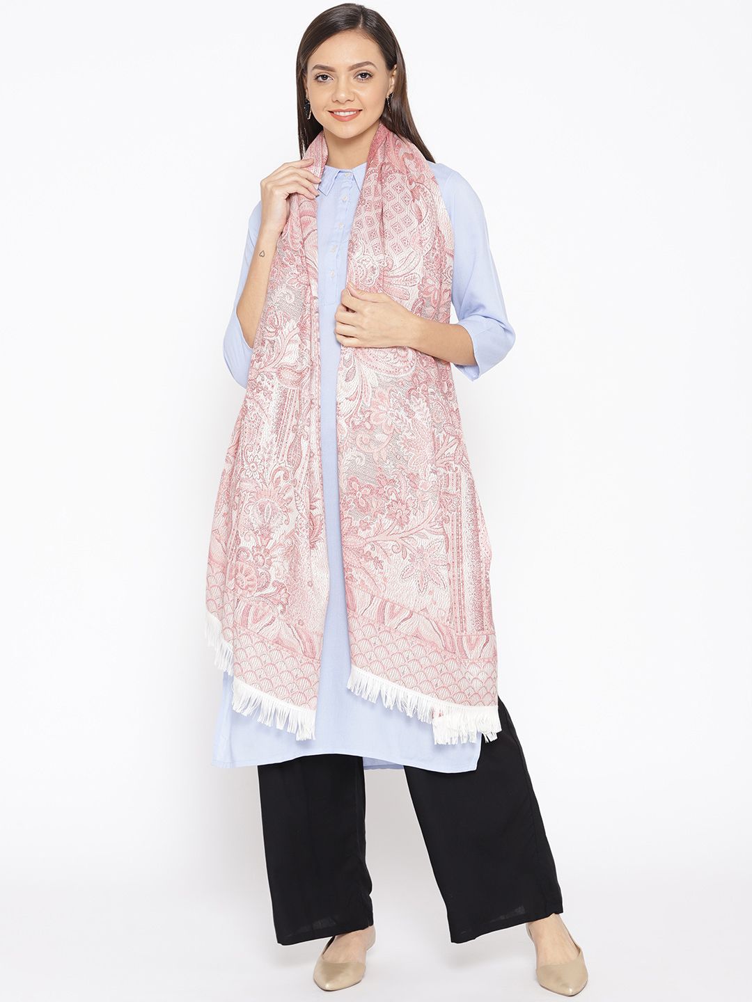 WEAVERS VILLA Women Pink & Off-White Woven Design Shawl
