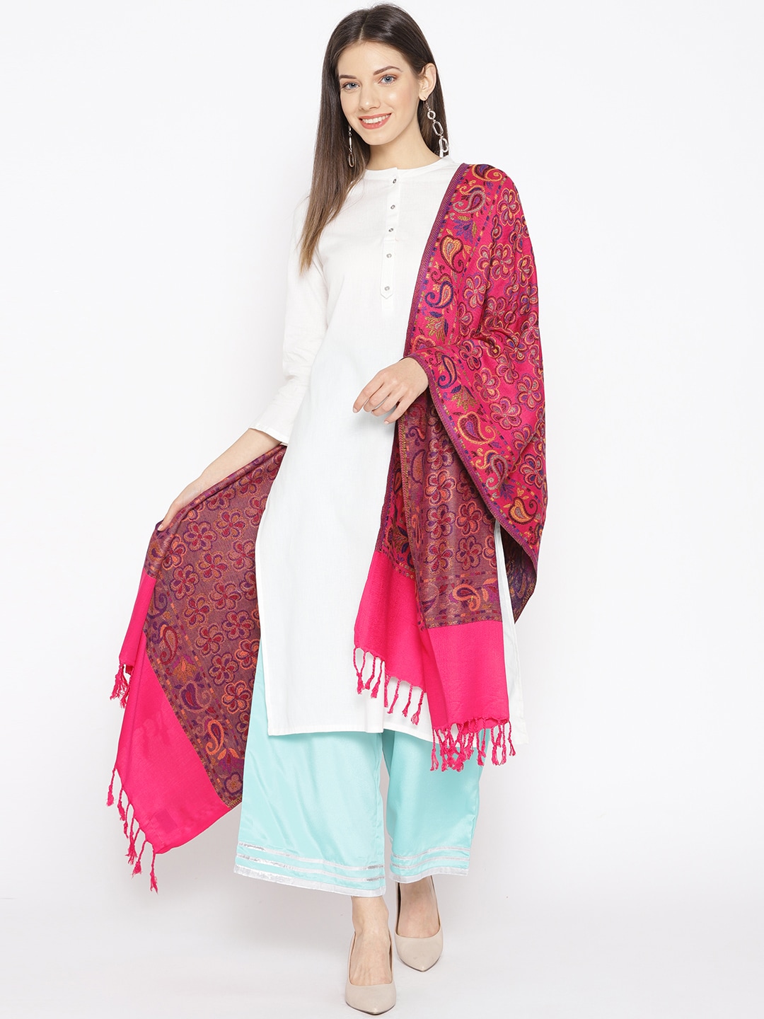 WEAVERS VILLA Women Pink & Blue Woven Design Stole Price in India