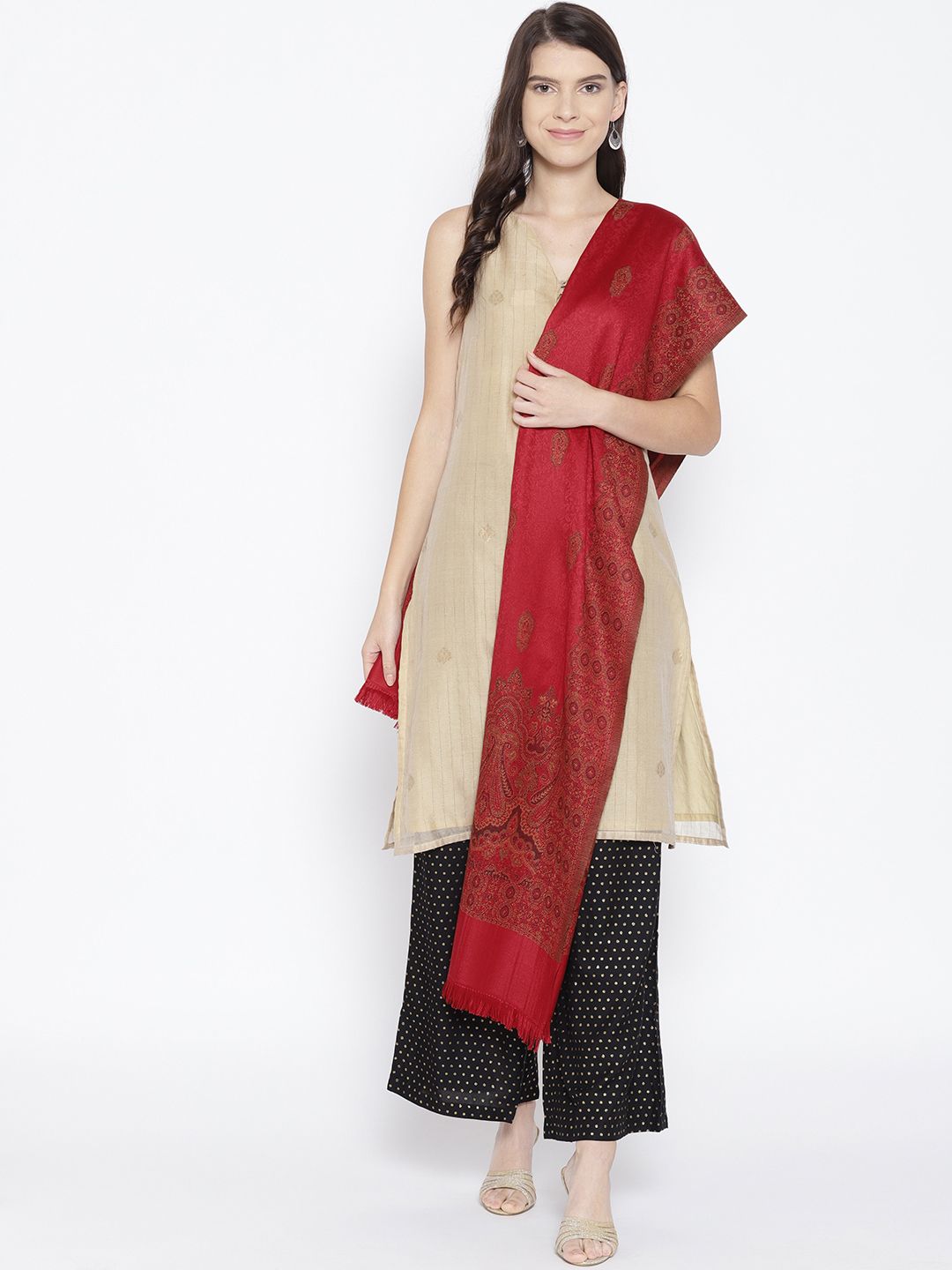 WEAVERS VILLA Women Maroon Woven Design Shawl Price in India