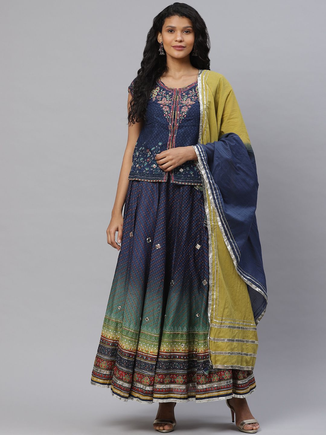 Biba Navy Blue & Mustard Yellow Printed Ready to Wear Lehenga & Blouse with Dupatta