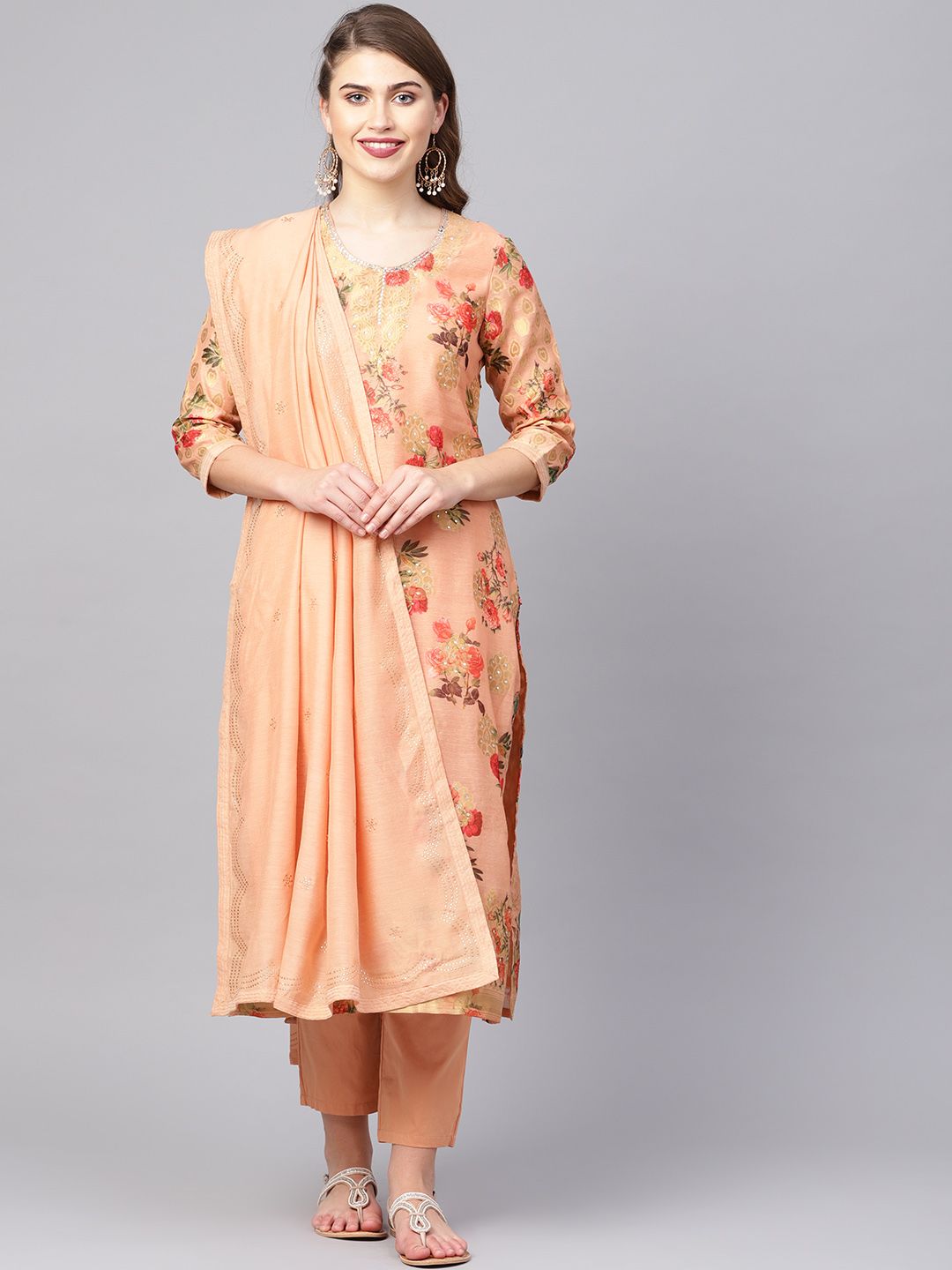 Biba Women Peach-Coloured Printed Kurta with Trousers & Dupatta