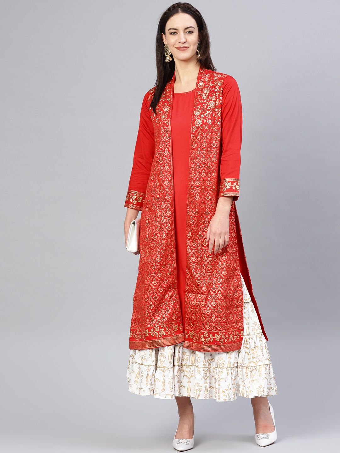 Biba Women Red & Golden Solid Straight Kurta with Printed Layer Price in India