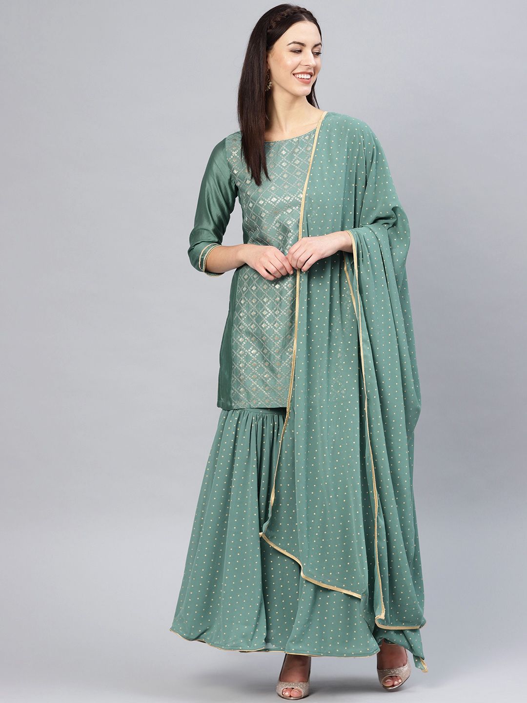 Biba Women Green & Gold-Toned Sequinned Kurta with Sharara & Dupatta