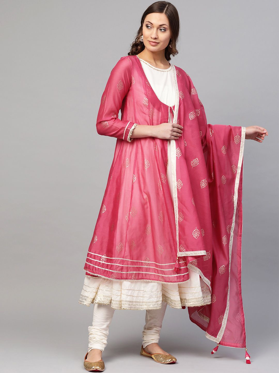 Biba Women Pink & Cream-Coloured Printed Layered Kurta with Churidar & Dupatta