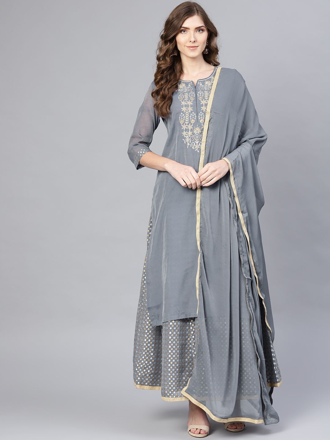 Biba Women Grey & Golden Yoke Design Kurta with Palazzos & Dupatta