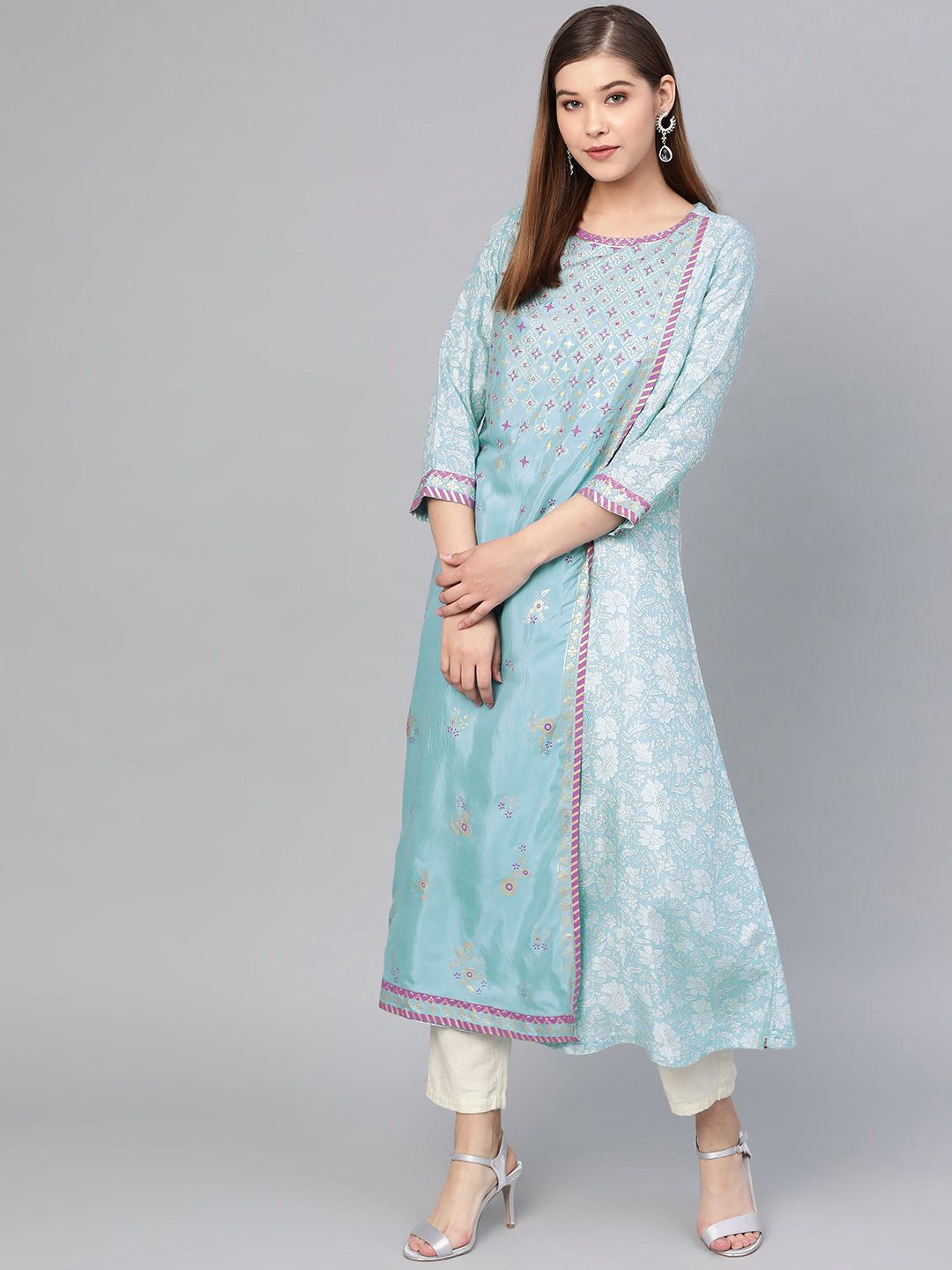 Biba Women Blue & Golden Floral Khari Print Layered A-Line Kurta