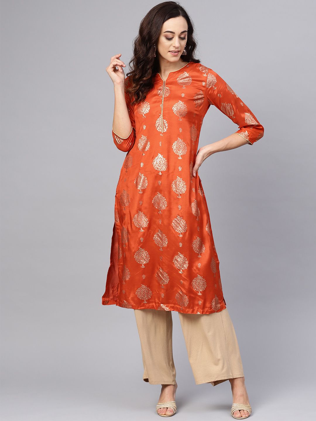 Biba Women Rust Orange & Golden Printed Straight Kurta