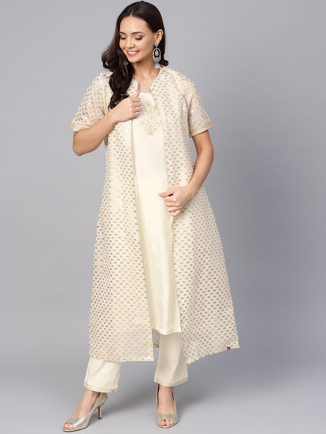 Biba Women Cream-Coloured & Golden Printed Layered Kurta with Trousers