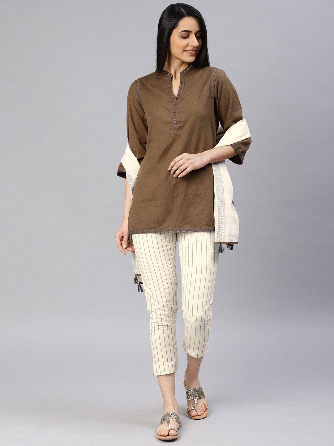 Biba Women Brown & Off-White Self Design Kurti with Cropped Trousers & Dupatta