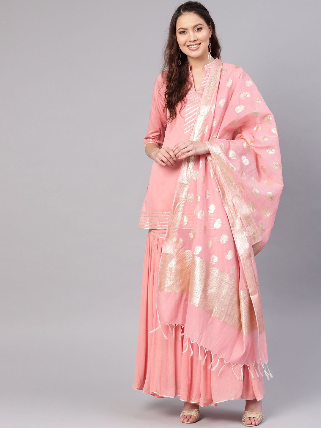 Biba Women Pink & Silver Yoke Design Kurta with Sharara & Dupatta