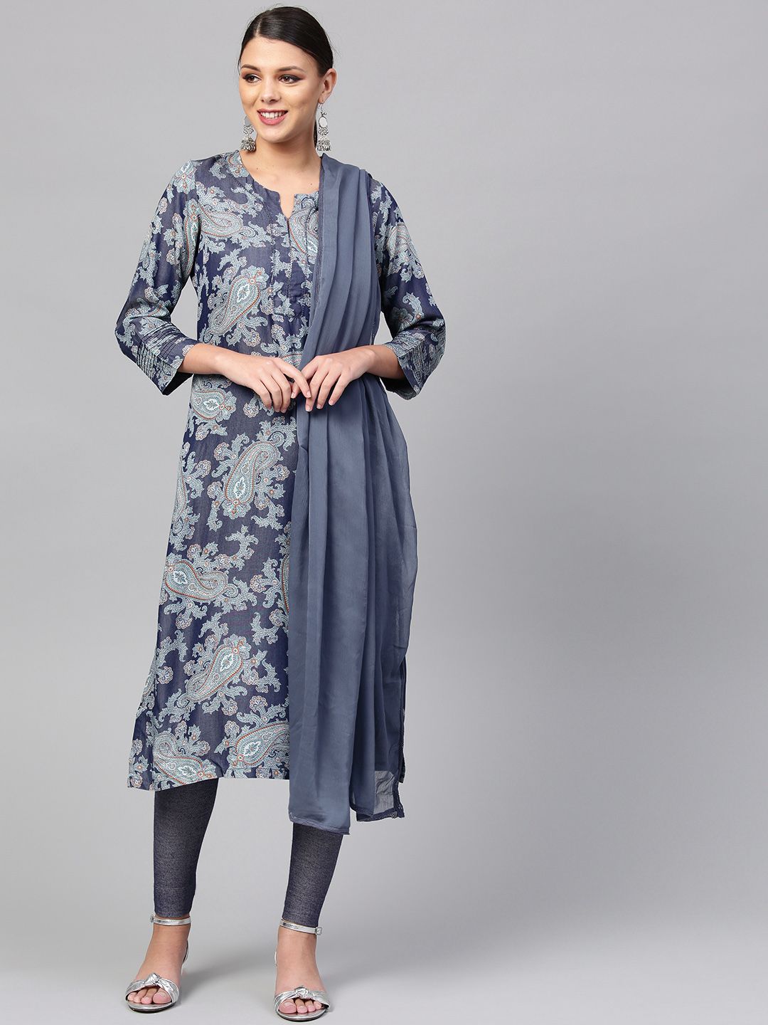 Biba Women Blue & Grey Printed Chambray Kurta with Churidar & Dupatta