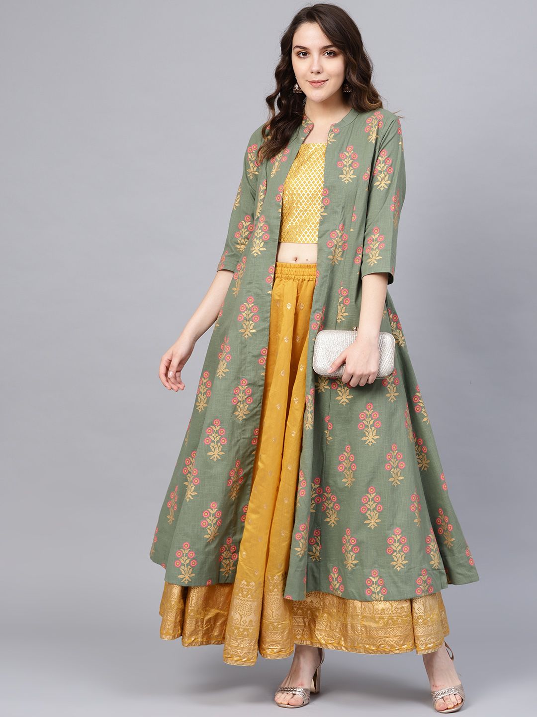 Biba Women Mustard Yellow & Green Woven Design Top with Skirt & Ethnic Jacket Price in India