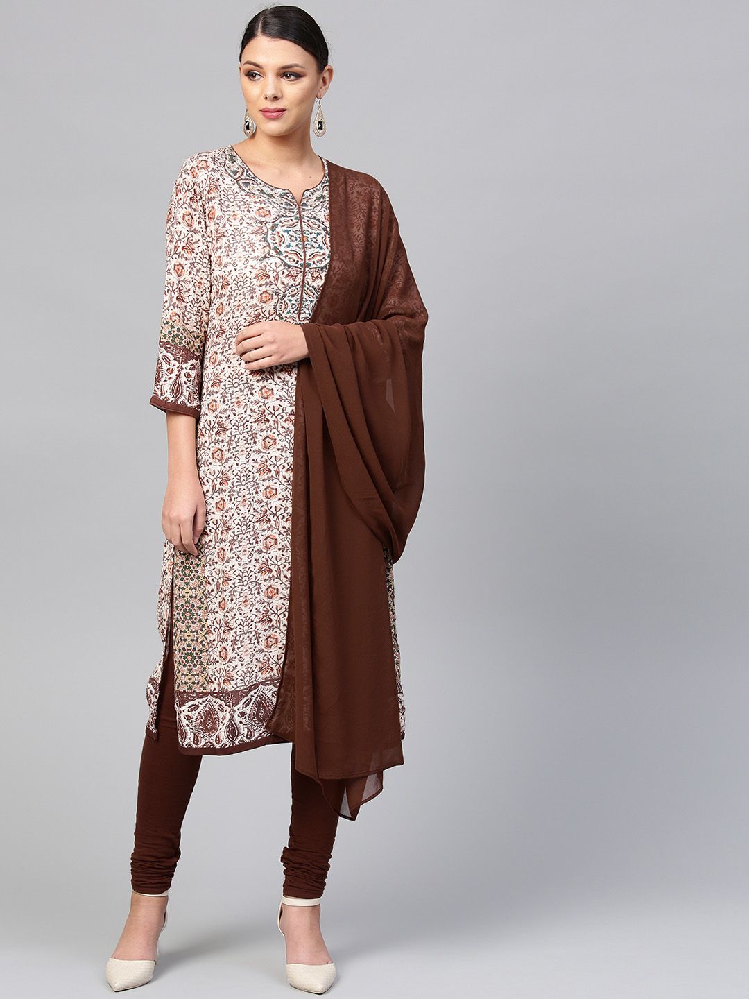 Biba Women Cream-Coloured & Brown Printed Kurta with Churidar & Dupatta