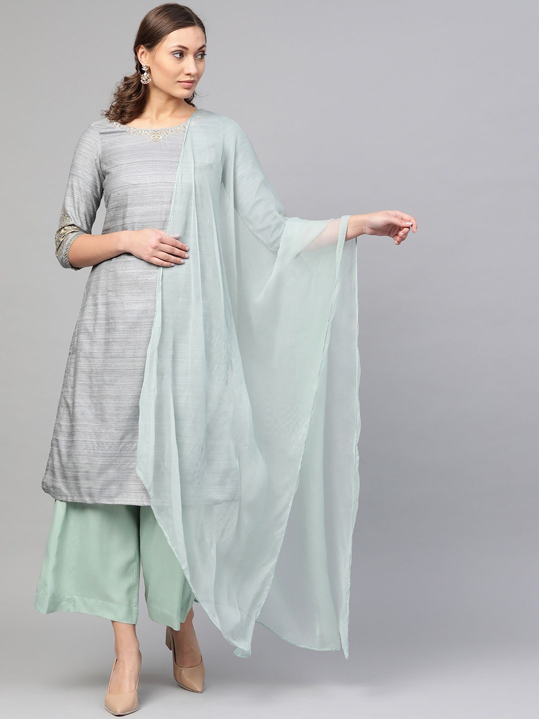 Biba Women Grey & Green Solid Sequined Kurta & Palazzos with Dupatta