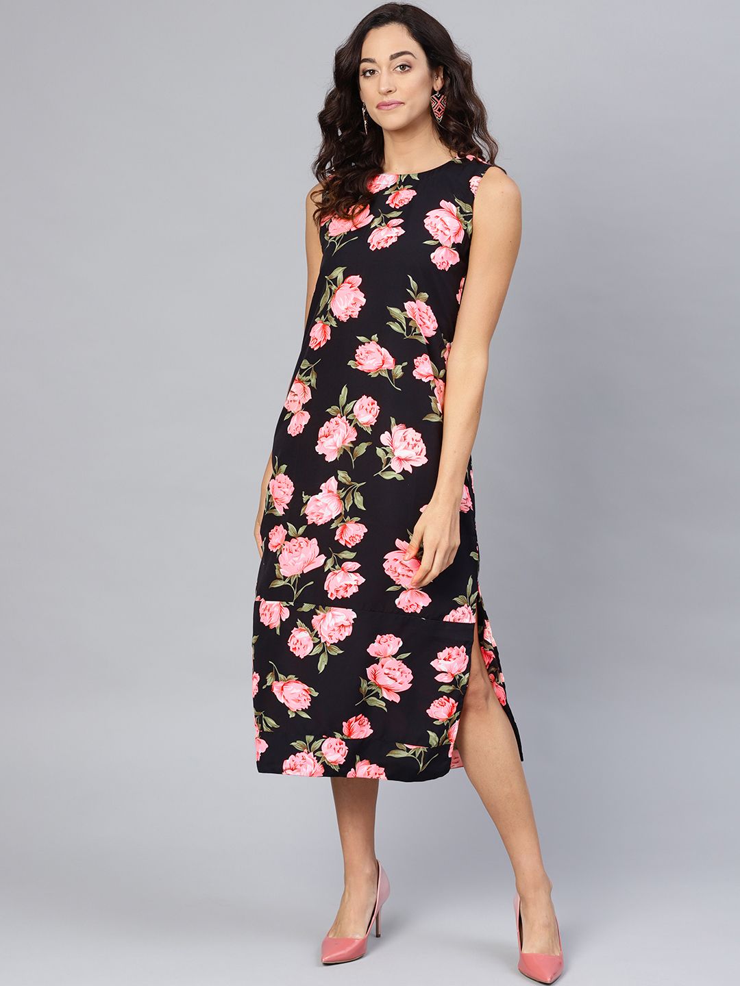 Myshka Women Black & Pink Floral Print A-Line Dress Price in India