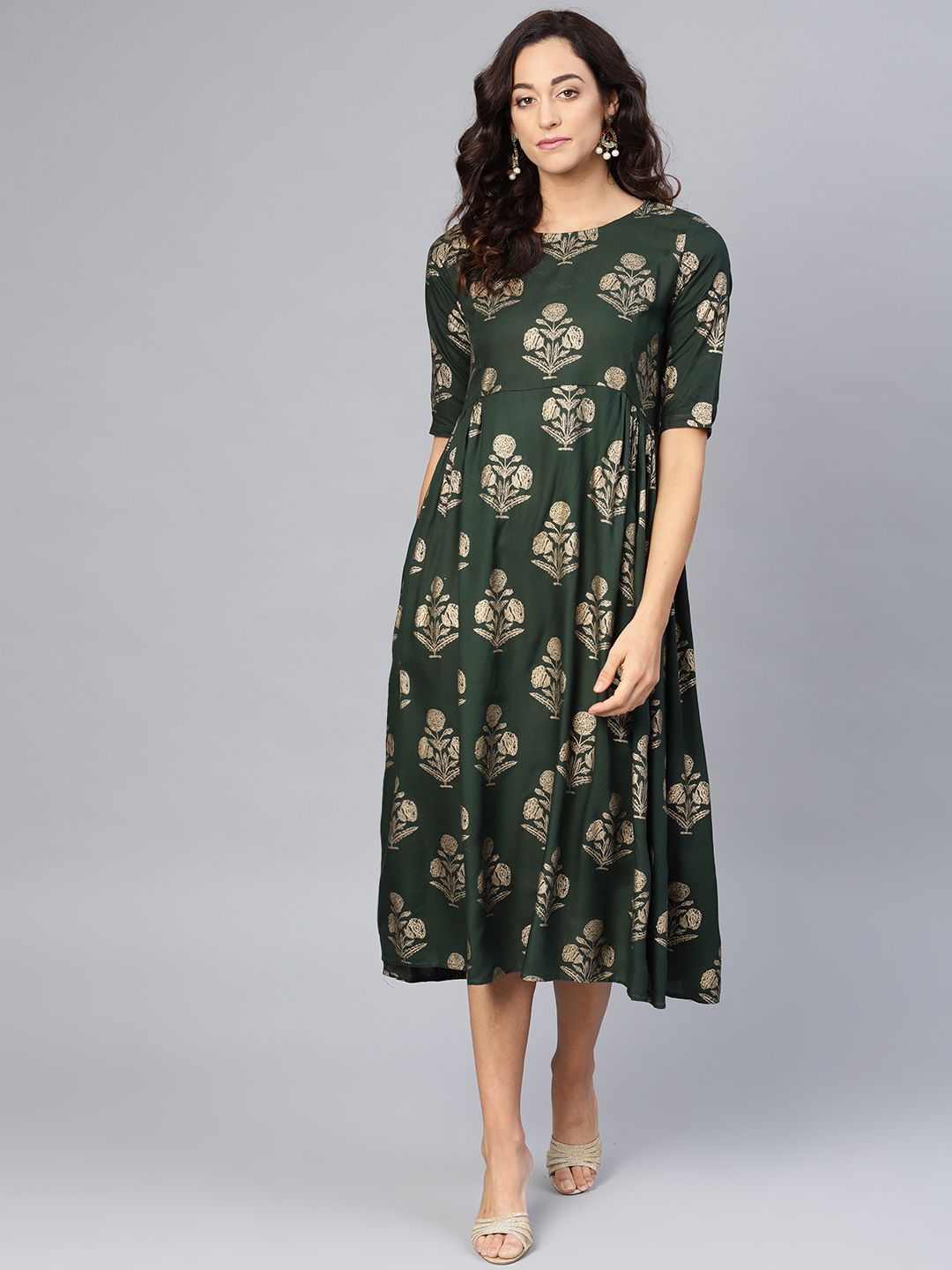 Myshka Women Green & Golden Printed A-Line Dress Price in India