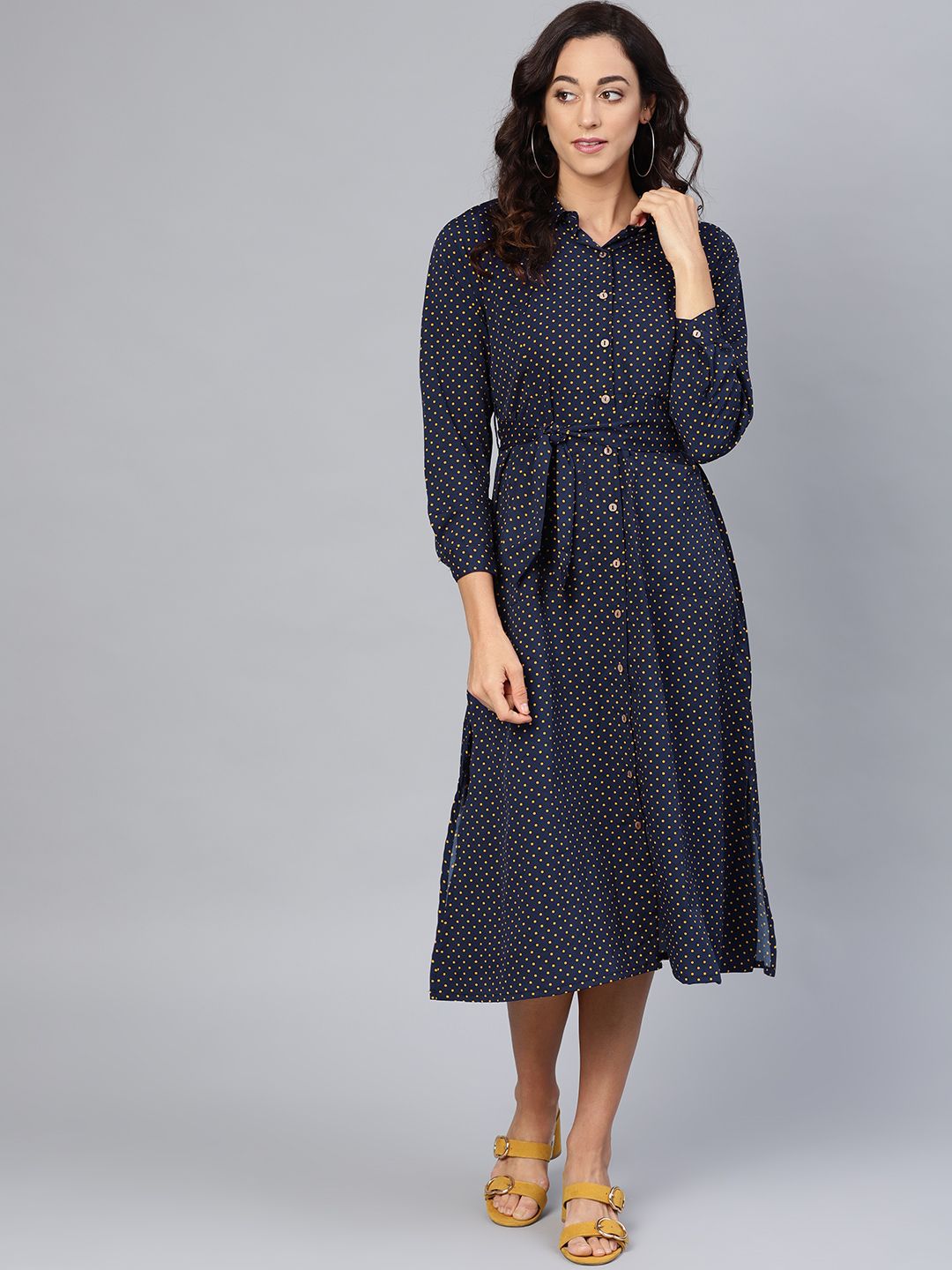 Myshka Women Navy Blue & Yellow Printed Shirt Dress Price in India