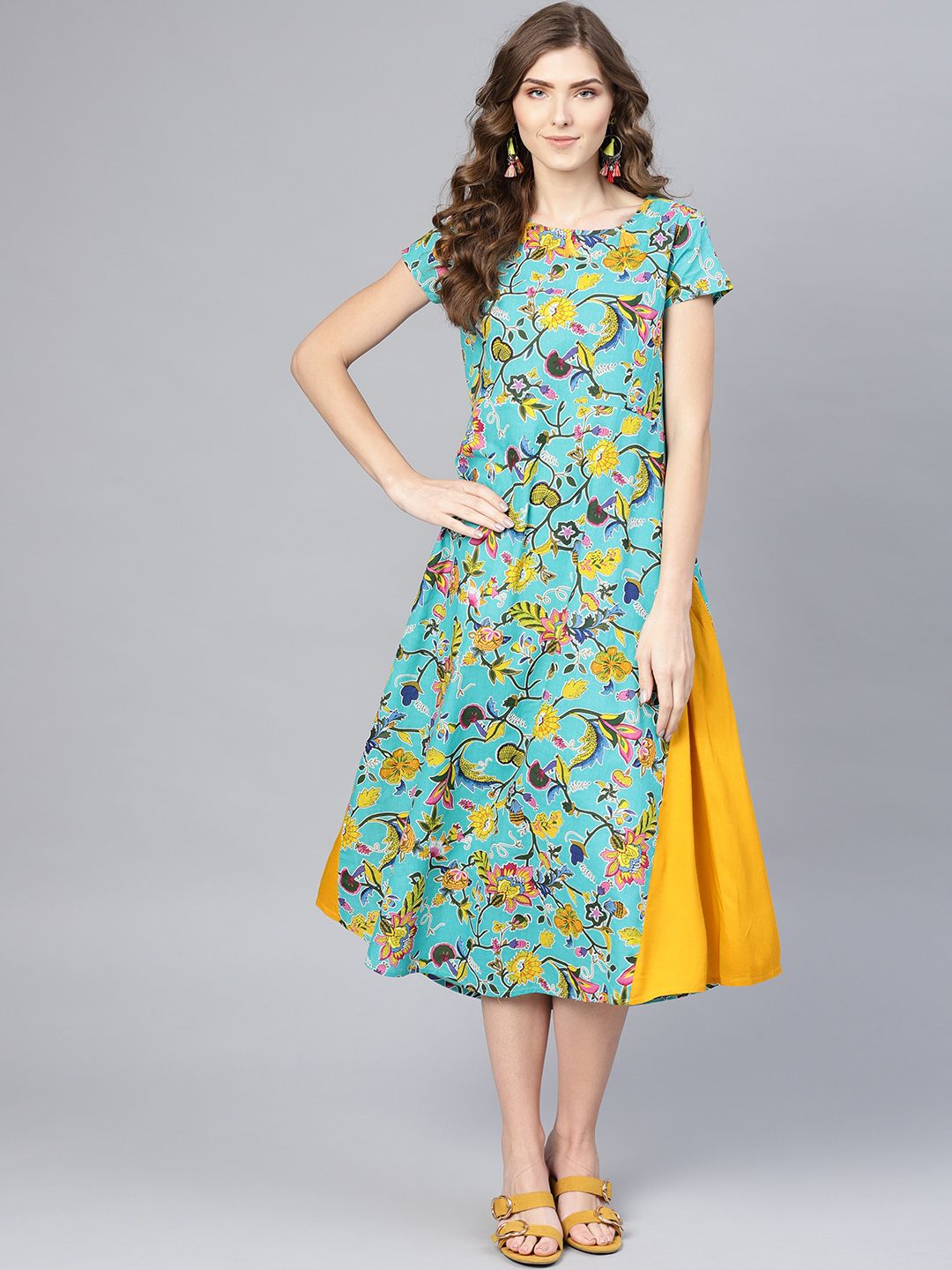 Myshka Women Blue & Mustard Yellow Floral Printed A-Line Dress Price in India