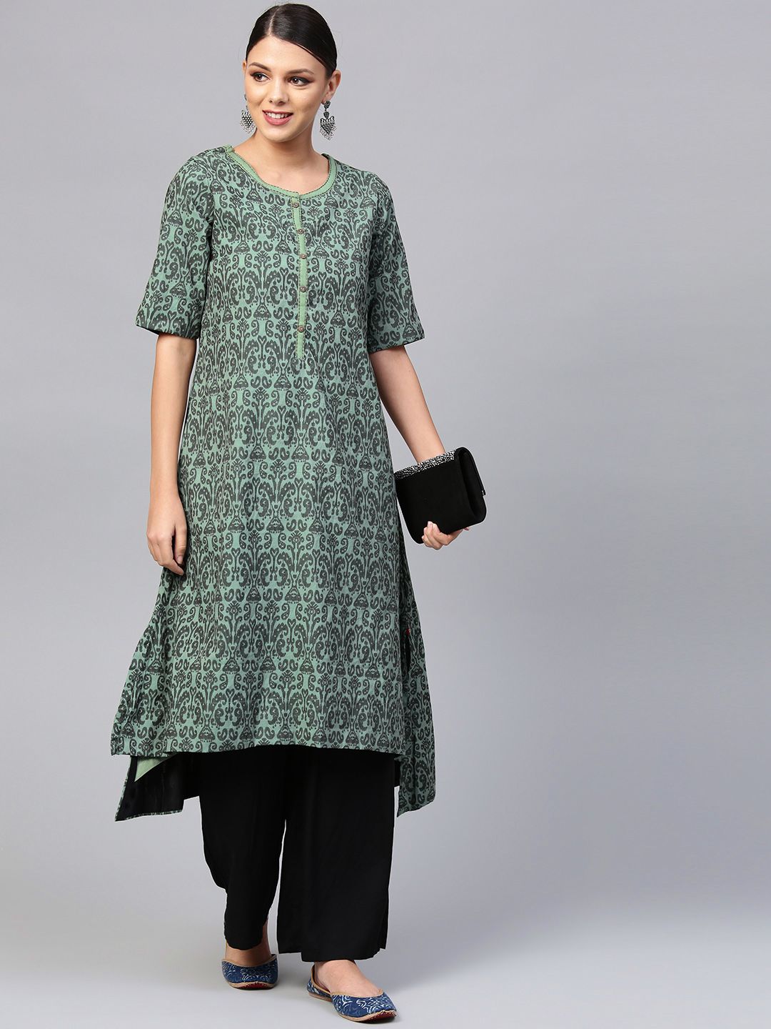 Biba Women Green Woven Design A-Line Kurta