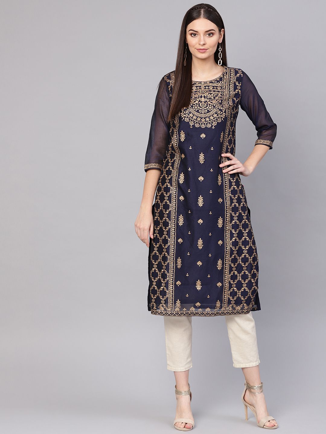 Biba Women Navy Blue & Golden Printed Straight Kurta