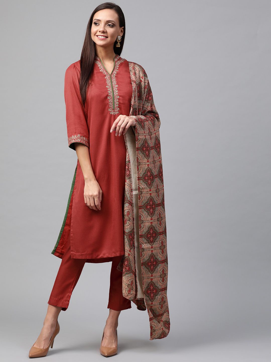 Biba Women Rust Red & Green Embroidered Solid Kurta with Cropped Trousers & Dupatta