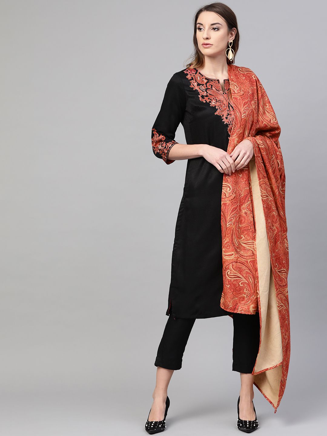 Biba Women Black & Red Yoke Design Kurta with Trousers & Shawl