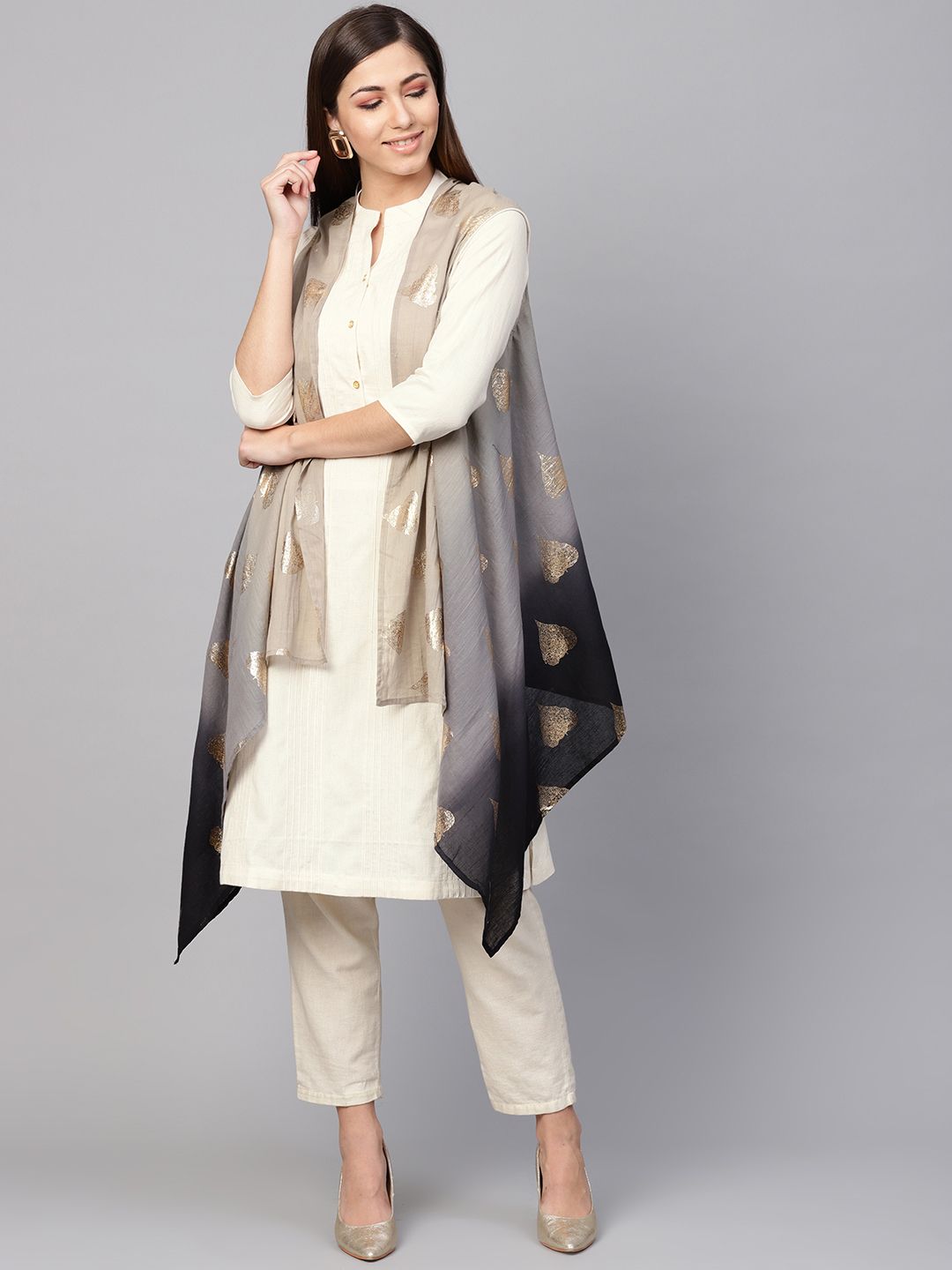 Biba Women Beige Solid A-Line Kurta with Asymmetric Shrug