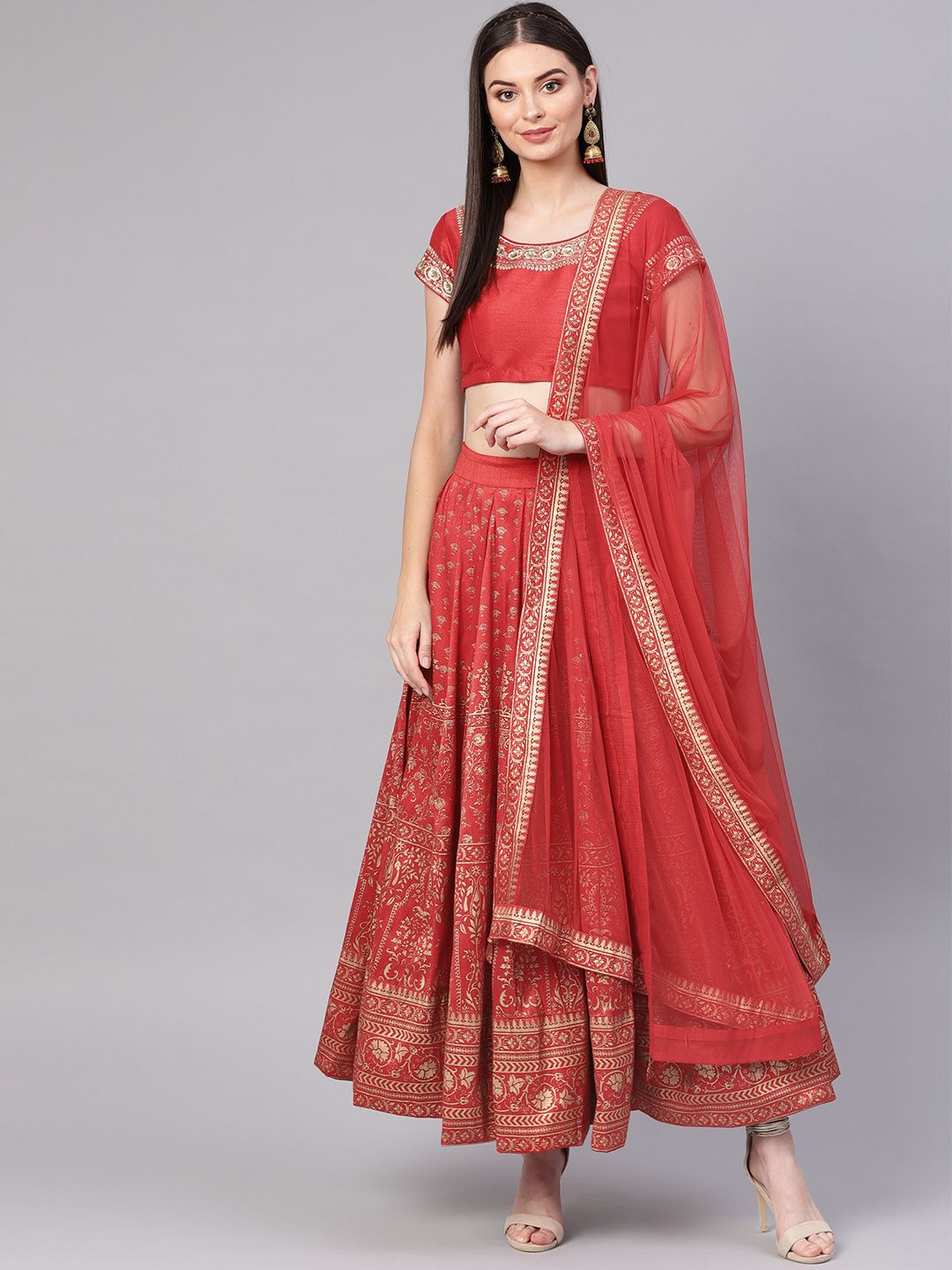 Biba Red & Golden Embroidered Ready to Wear Lehenga & Blouse with Dupatta