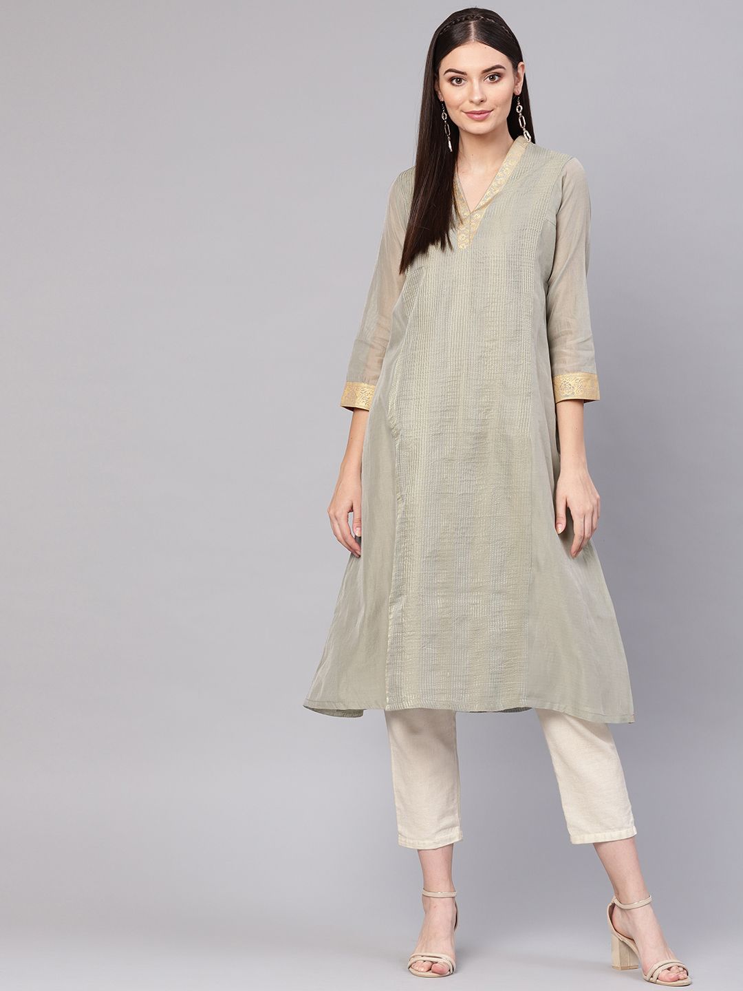 Biba Women Grey & Golden Self-Striped A-Line Kurta