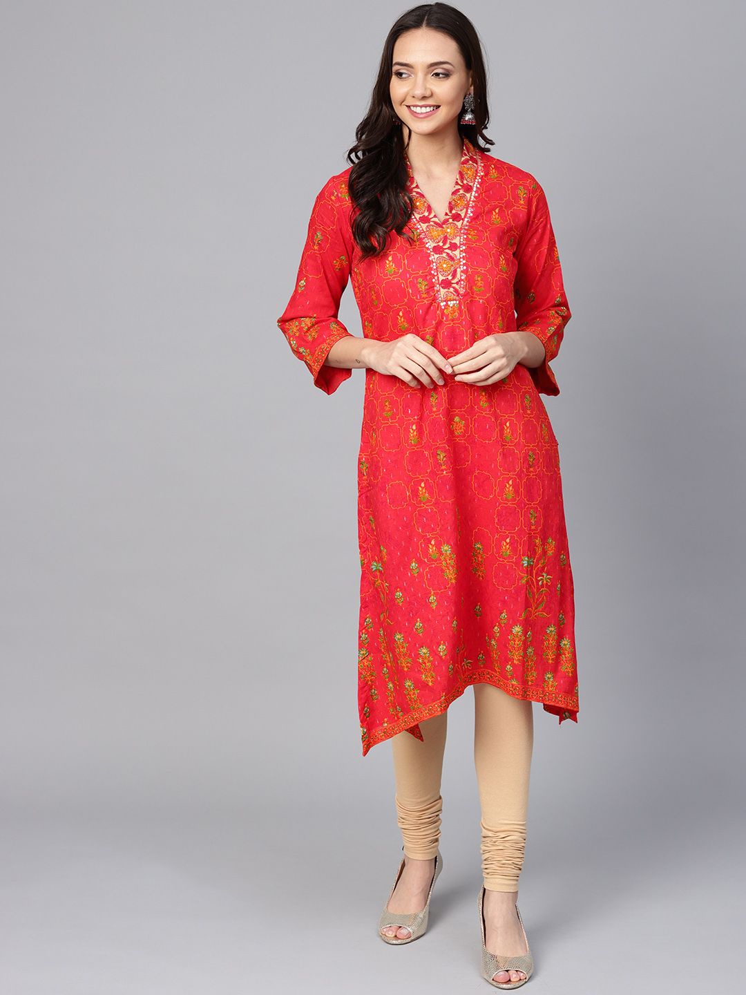 Biba Women Red & Orange Printed A-Line Asymmetric Kurta