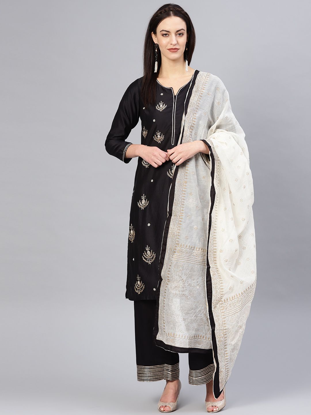 Biba Women Black & Off-White Embroidered Kurta with Palazzos & Dupatta