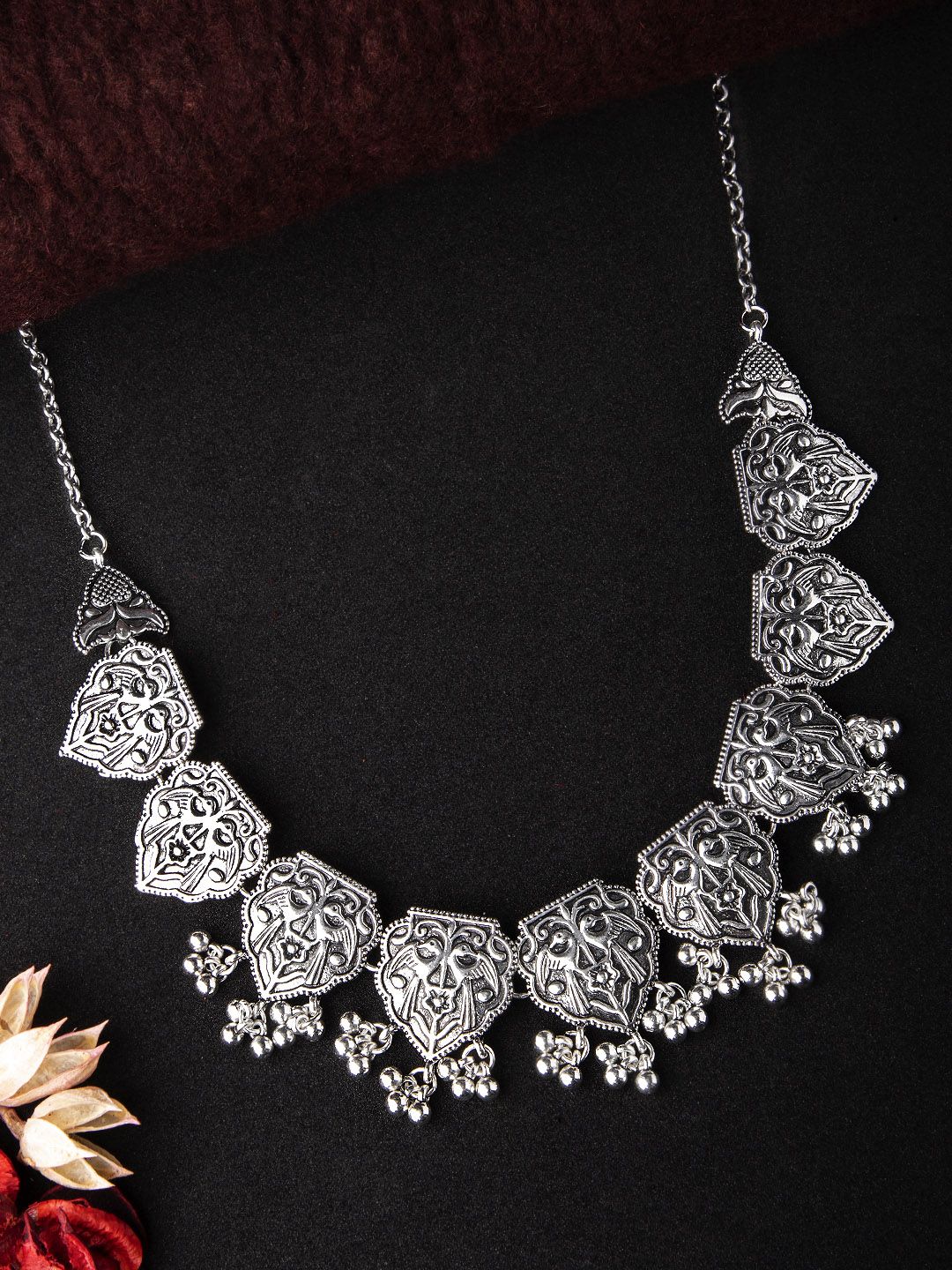 Rubans Oxidised Silver-Toned Hand Crafted  Statement Necklace Price in India