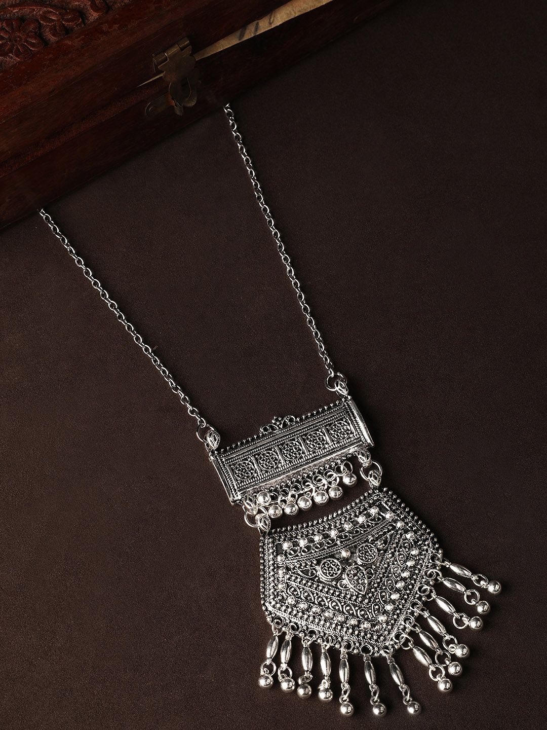 Rubans Oxidized Silver-Toned Hand Crafted Textured Statement Necklace Price in India
