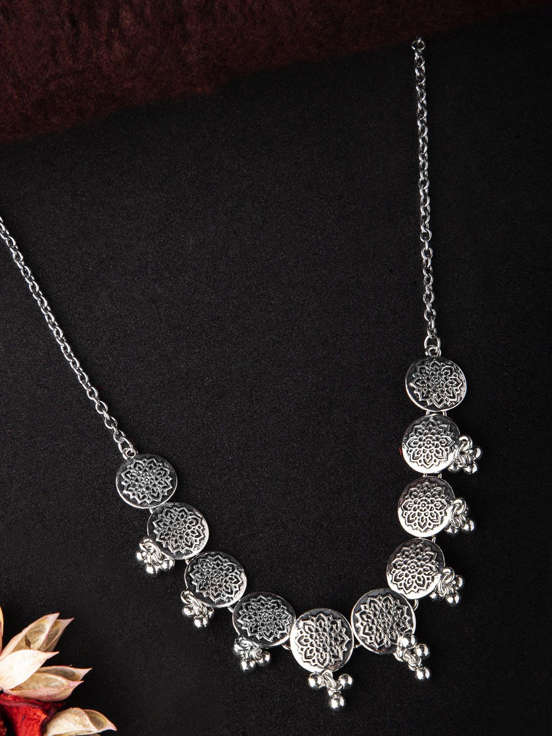 Rubans Oxidized Silver-Toned Hand Crafted Textured Floral Necklace Price in India