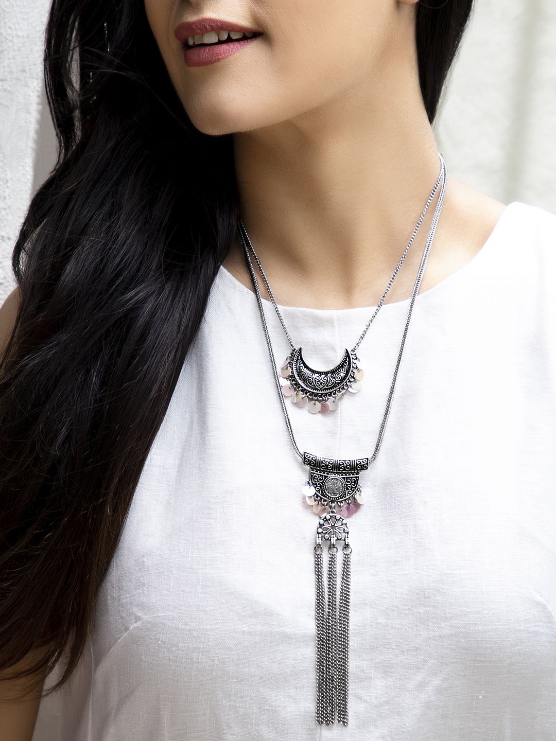 Rubans Oxidized Silver-Toned Beaded Hand Crafted Textured Dual Layered Necklace Price in India