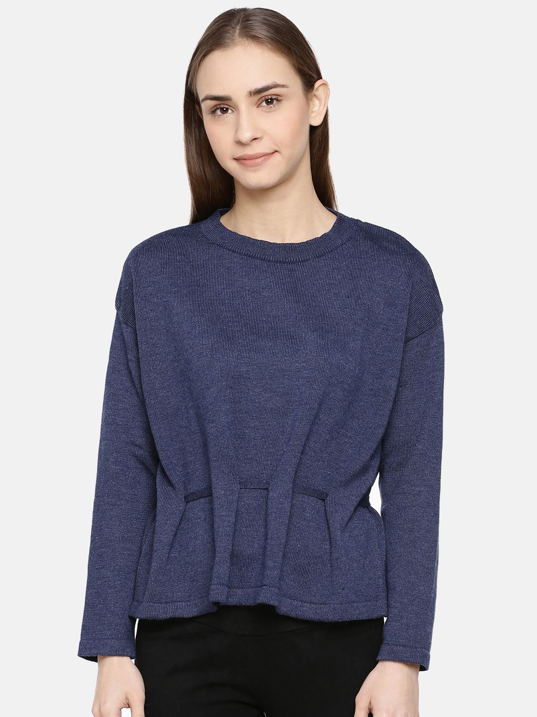 American Eye Women Navy Blue Solid Cinched Waist Sweater Price in India