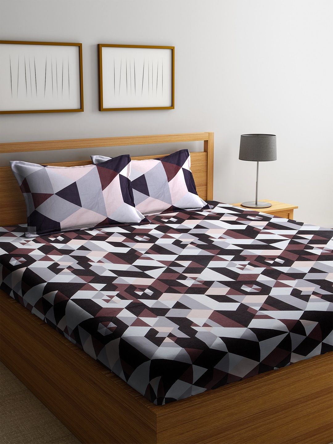 SPACES Grey & Black Geometric 144 TC Cotton 1 Queen Bedsheet with 2 Pillow Covers Price in India