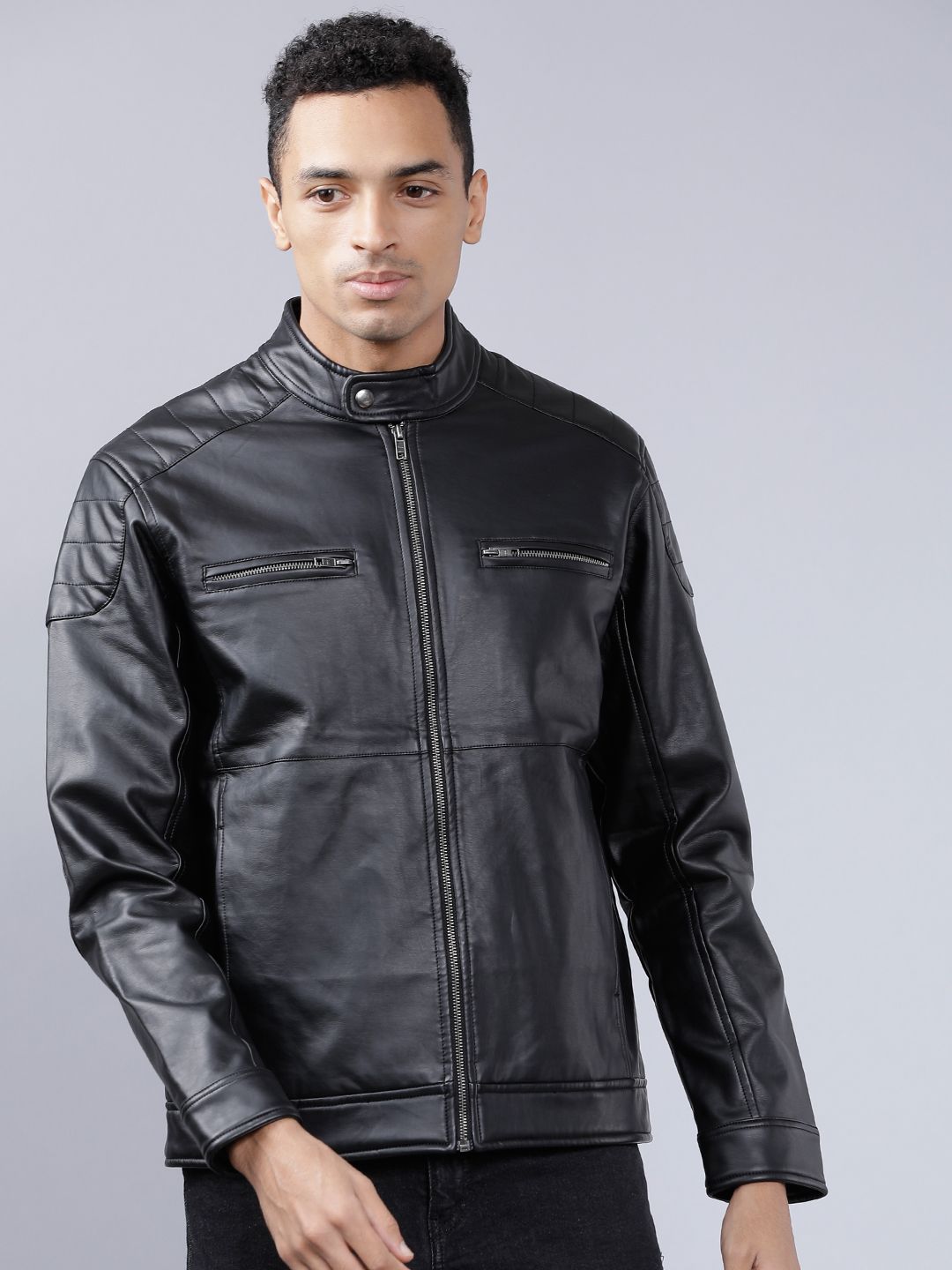 HIGHLANDER Men Black Solid Biker Jacket