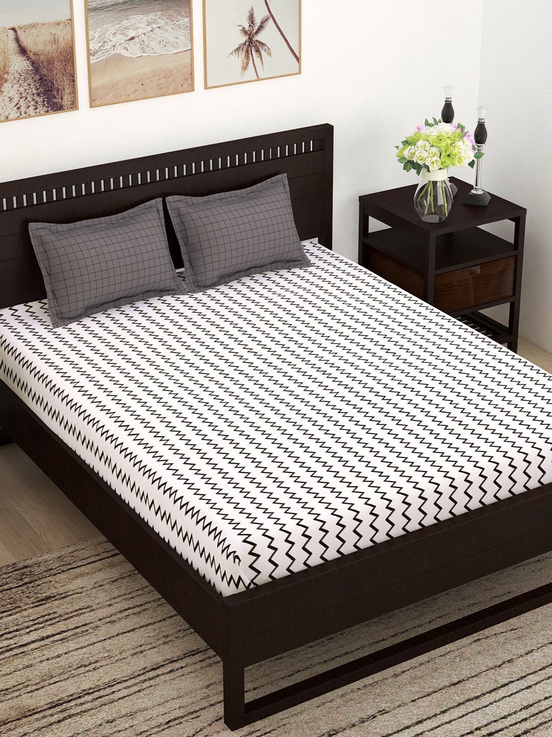 Story@home Unisex White & Grey 144 TC Cotton 1 Queen Bedsheet with 2 Pillow Covers Price in India