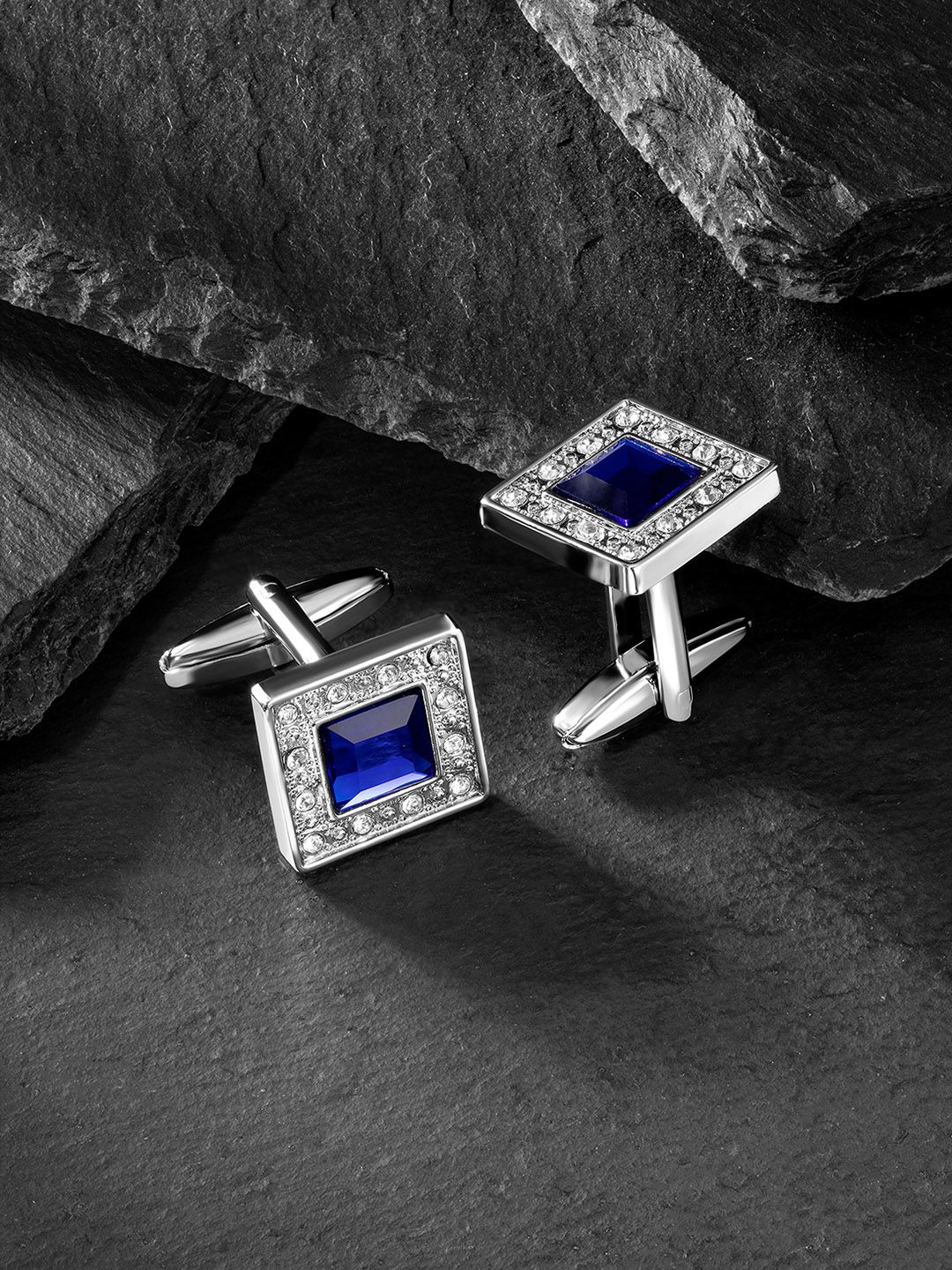 Peora Blue & Silver-Plated Swarovski Crystal Cufflinks